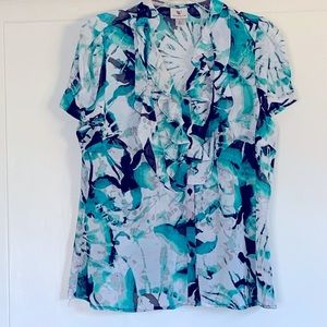 Dress blouse.  Ruffled collar.  Button down front. Sheer, need to wear camisole.